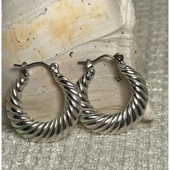 Two Pair of Silver Tone Earrings-One Pair Twisted Rope Hoops-One pair Oval Discs - Picture 5 of 8